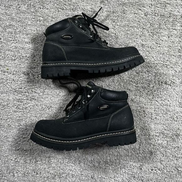 Vintage Y2K Skechers Boots Womens Chunky Work Ankle Bootie 2620 Black Leather - Picture 1 of 11